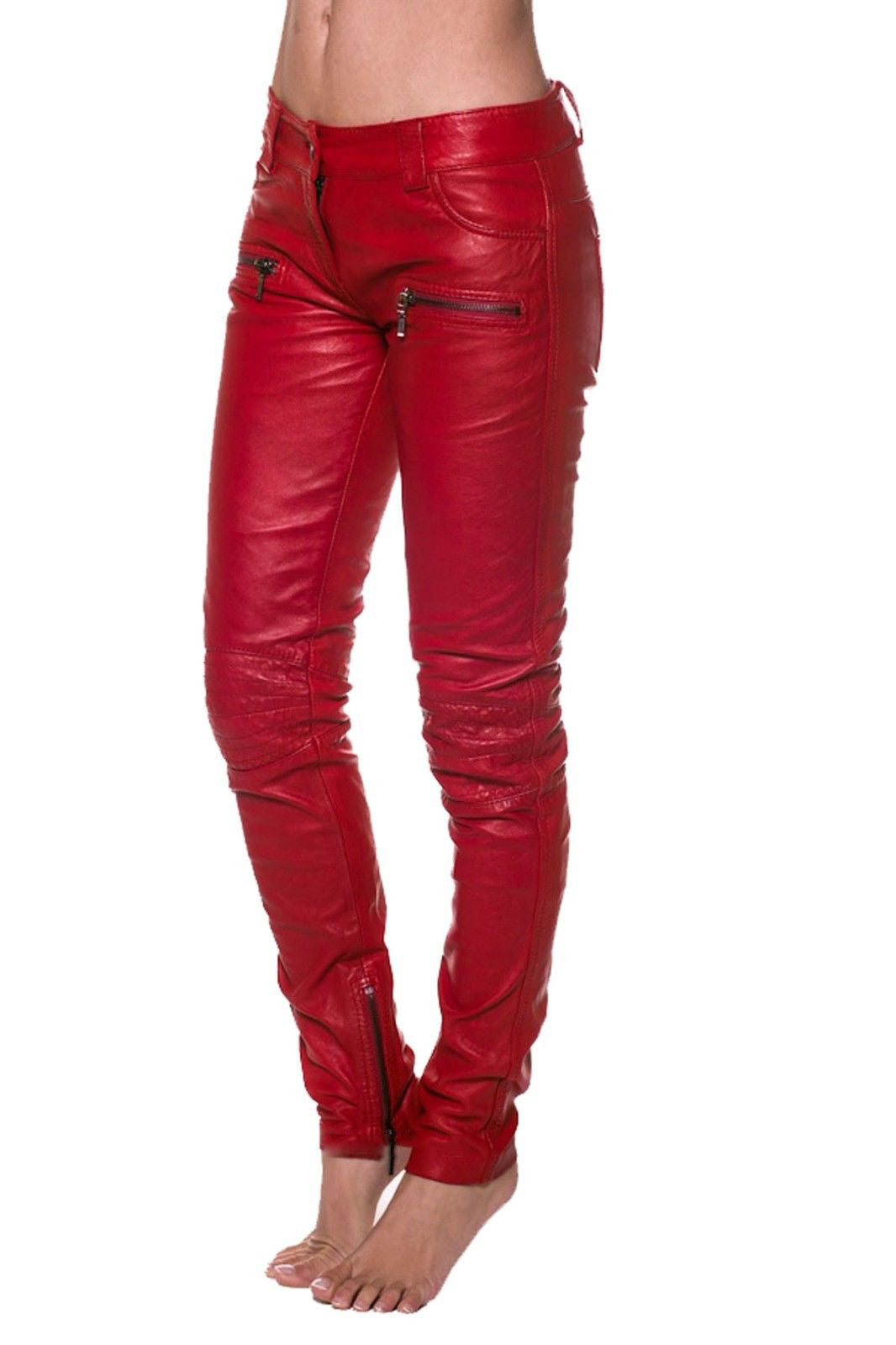 Women's Red Slim Fit Leather Zipper Pants WP11