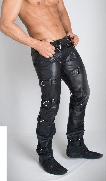 Men's Black Leather Pants with Buckle Accents MP10