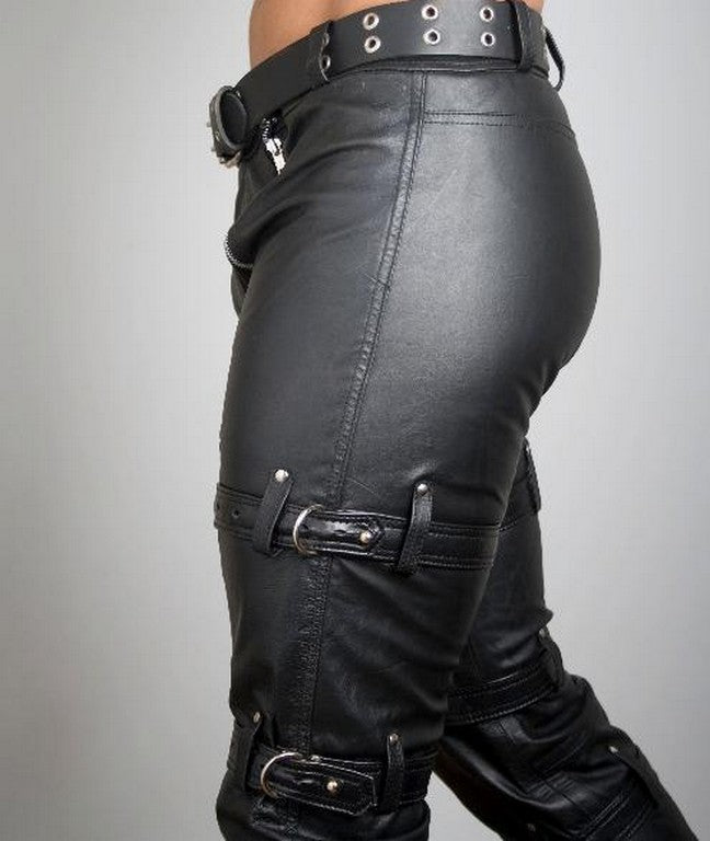 Men's Black Leather Pants with Buckle Accents MP10