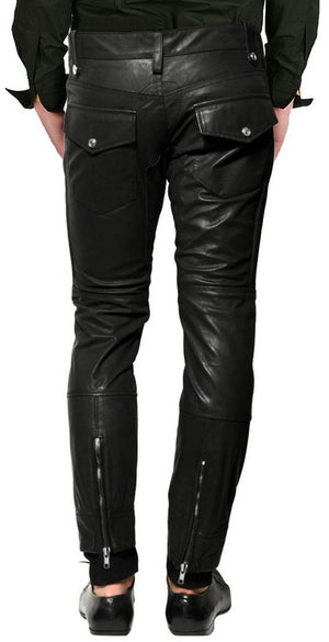 Men's Black Leather Stylish Ankle Length Slim Fit Pants MP05