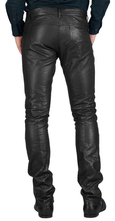 Men's Black Leather Slim Fit Pants with Functional Pockets MP03