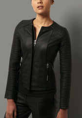 Women’s Quilted Leather Jacket with Round Neck WJ026