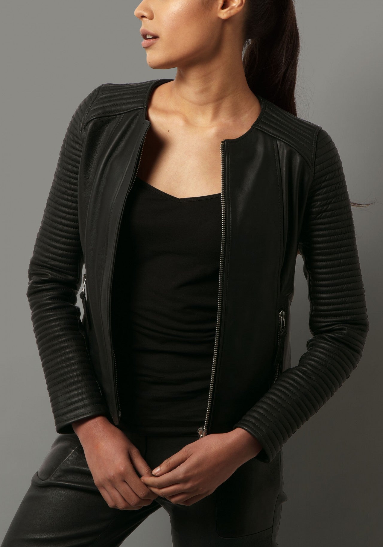 Women’s Quilted Leather Jacket with Round Neck WJ026