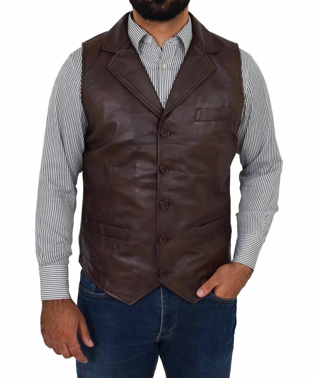 Men’s Slim Fit Brown Genuine Leather Vest MV13