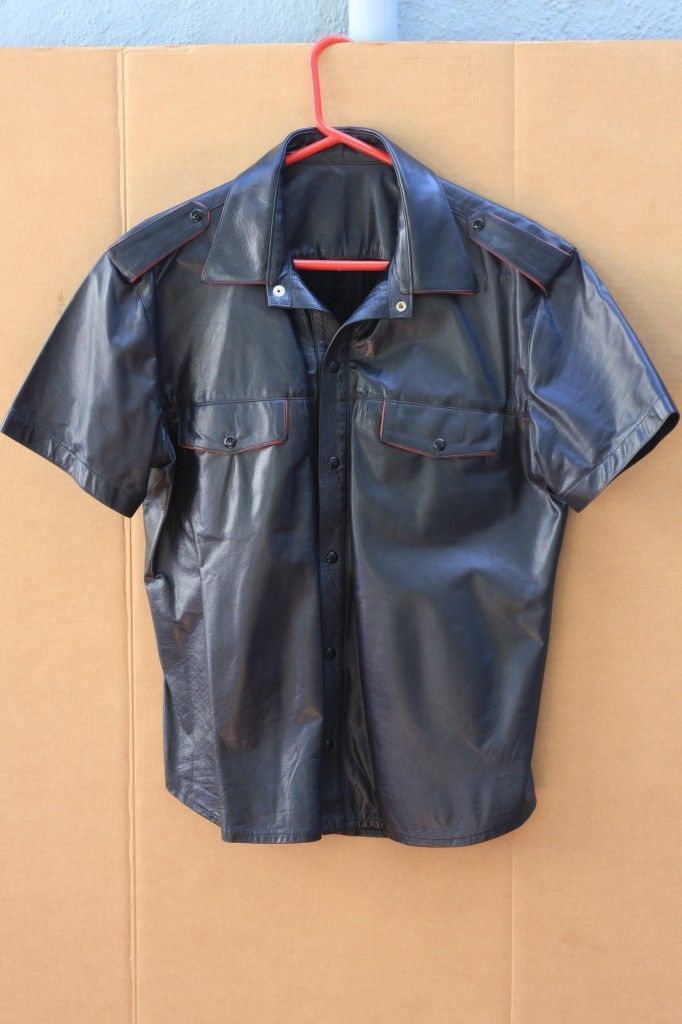 Men's Black Leather with Shoulder Loop Short Sleeve Shirt MS19