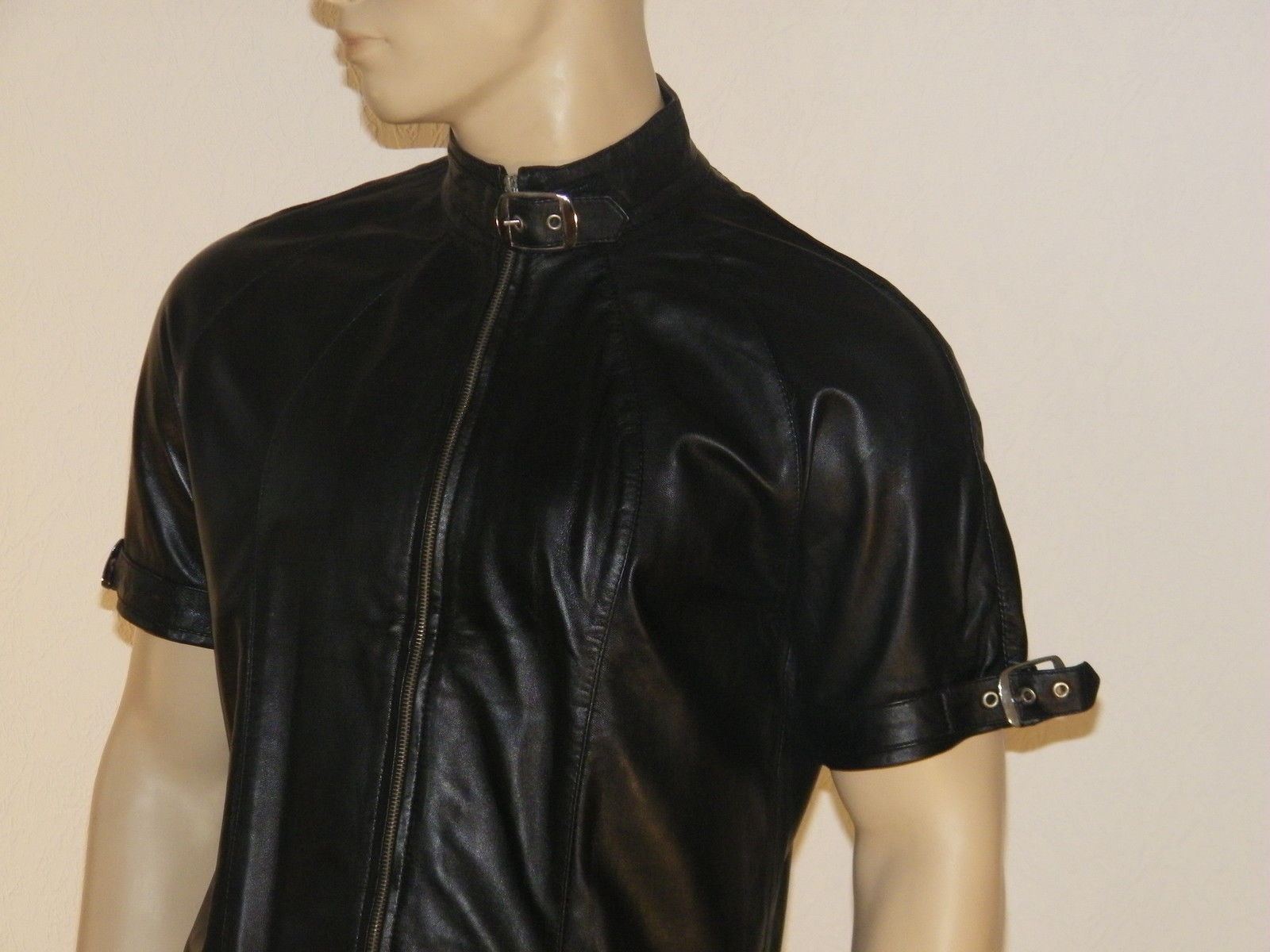 Men's Black Leather Short Sleeve Shirt MS17