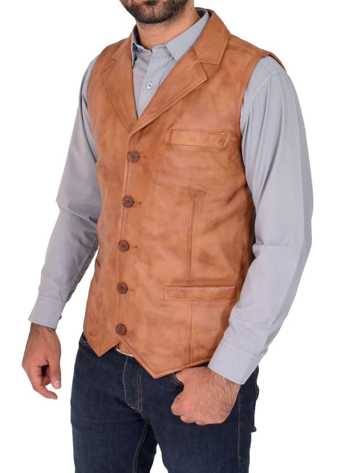 Men's Tailored Slim Fit Tan Leather Vest Coat MV15