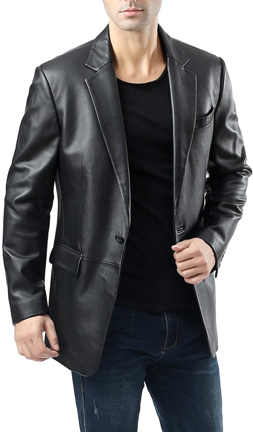 Men's Classic Black Single Button Leather Blazer TB026