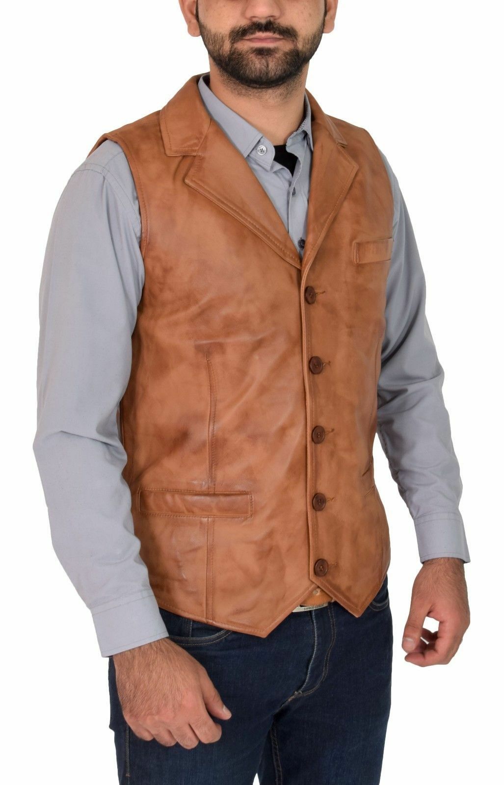 Men's Tailored Slim Fit Tan Leather Vest Coat MV15