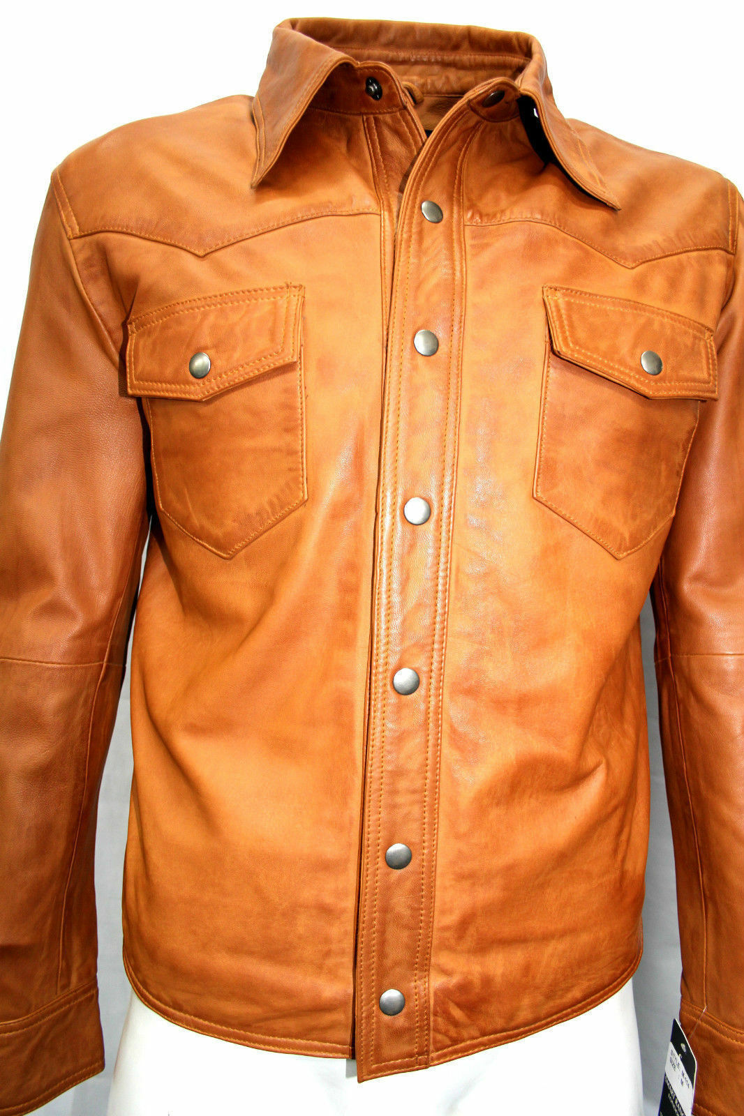 Men's Tan Leather Slim Fit Distinctive Style Shirt MS07