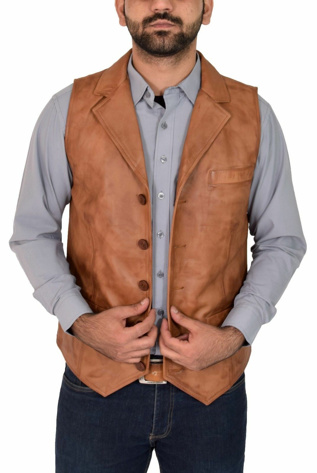 Men's Tailored Slim Fit Tan Leather Vest Coat MV15