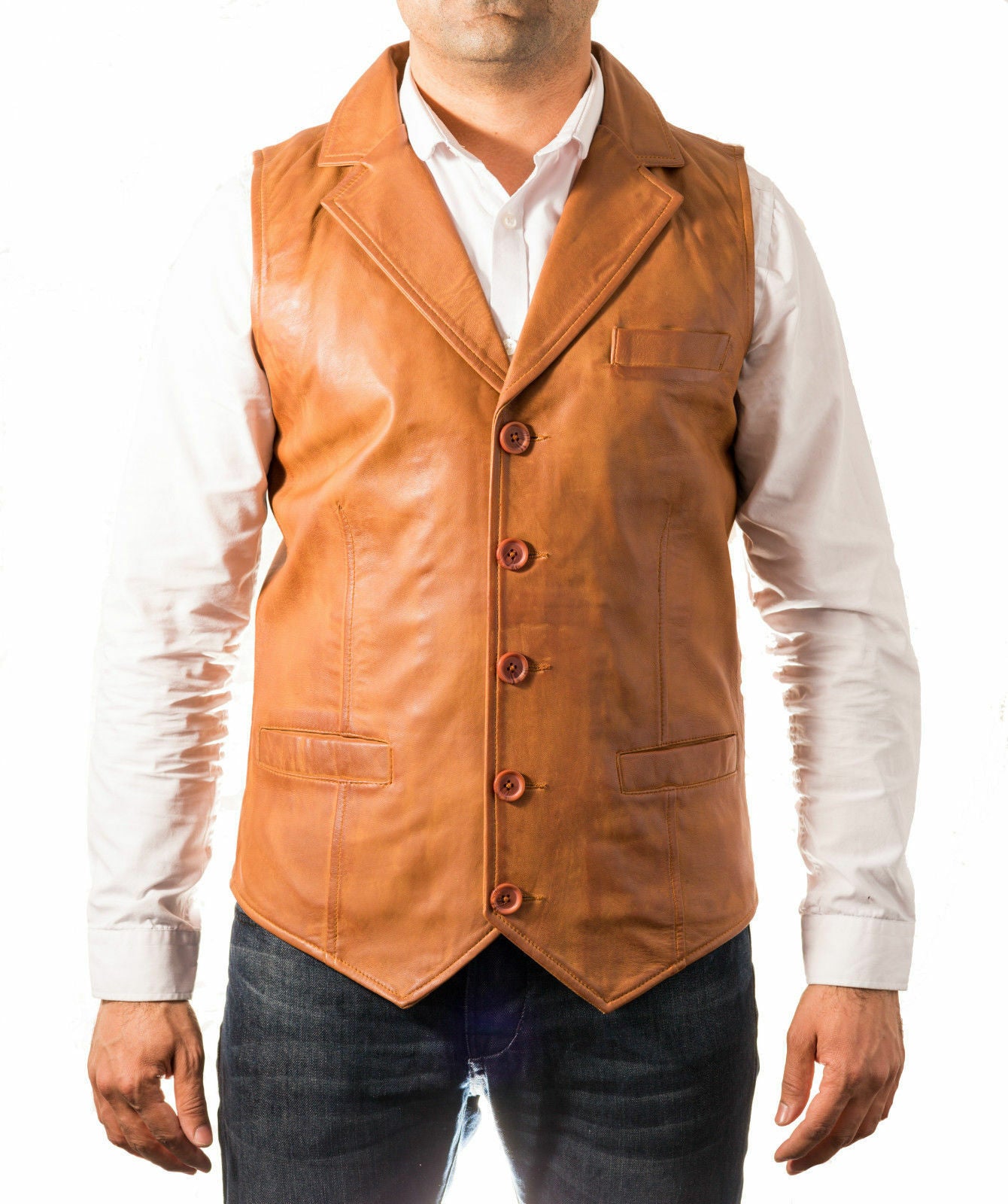 Men’s Slim Fit Leather Vest Coat with Notched Lapel MV16