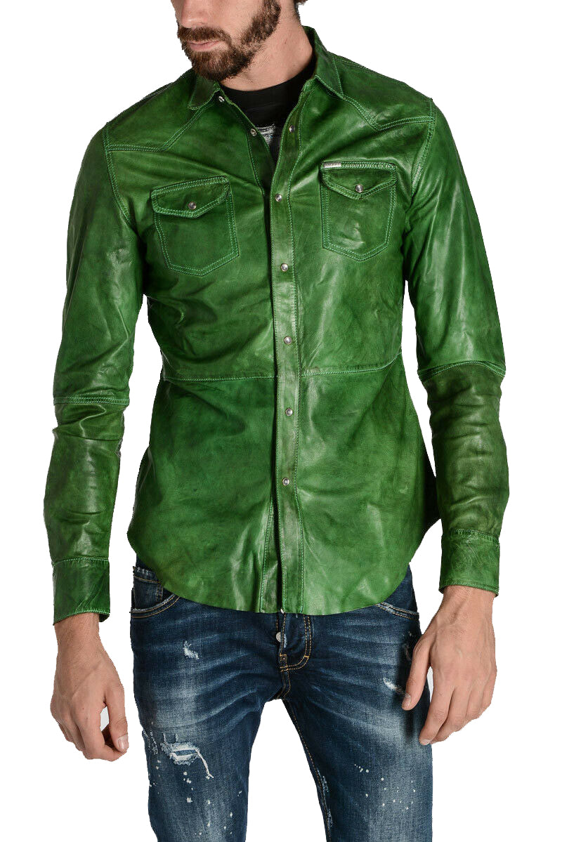 Men's Slim Fit Green Leather Shirt with Snap Button Closure MS01