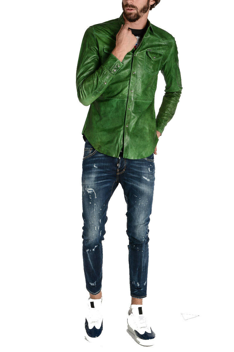 Men's Slim Fit Green Leather Shirt with Snap Button Closure MS01