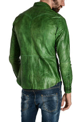 Men's Slim Fit Green Leather Shirt with Snap Button Closure MS01