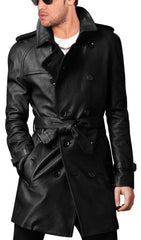 Men's Black Leather Mid-Length Trench Coat MC08