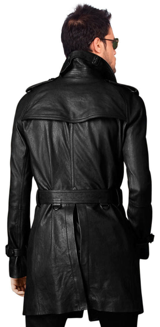 Men's Black Leather Mid-Length Trench Coat MC08