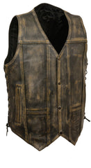 Men's Slim Fit Distressed Black Laced Leather Vest MV17