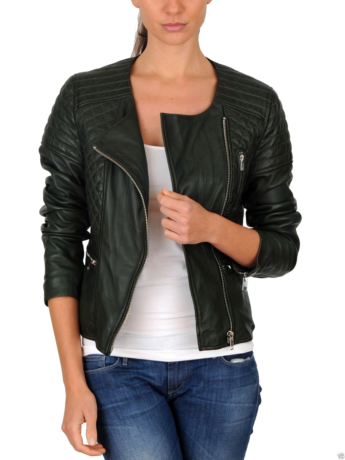 Women’s Quilted Leather Jacket with Round Neck WJ033