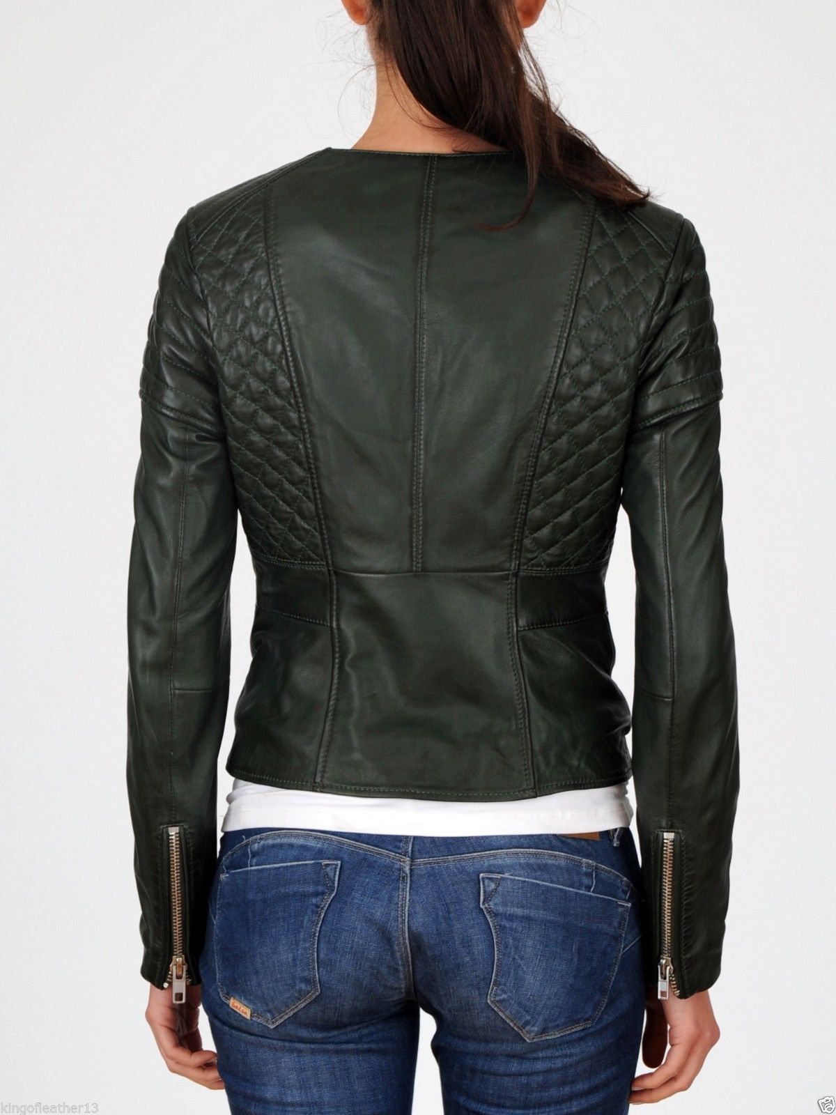 Women’s Quilted Leather Jacket with Round Neck WJ033