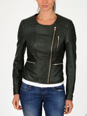 Women’s Quilted Leather Jacket with Round Neck WJ033