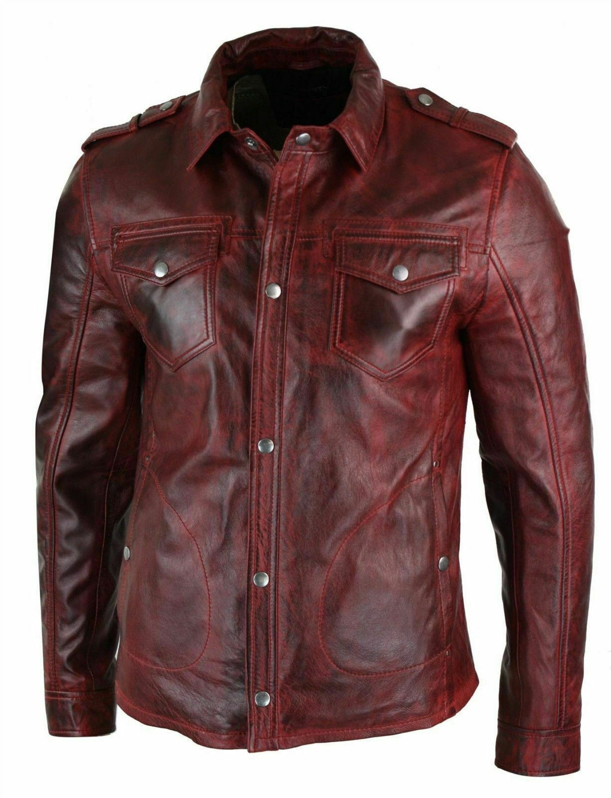 Men's Antique Burgundy Distressed Vintage Leather Shirt MS11