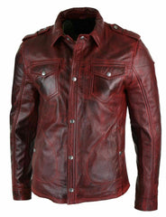 Men's Antique Burgundy Distressed Vintage Leather Shirt MS11