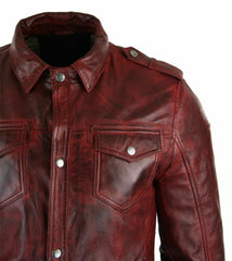 Men's Antique Burgundy Distressed Vintage Leather Shirt MS11