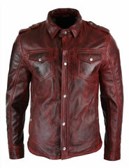 Men's Antique Burgundy Distressed Vintage Leather Shirt MS11