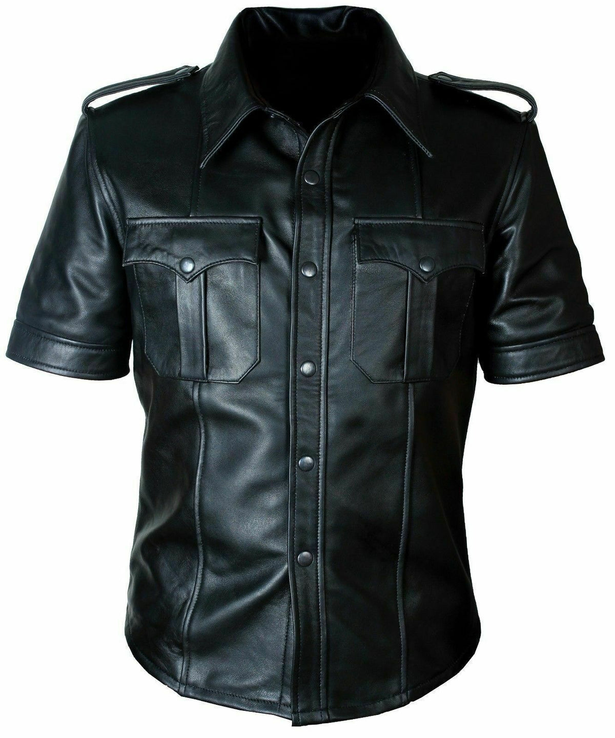 Men's Black Leather with Shoulder Loop Short Sleeve Shirt MS18