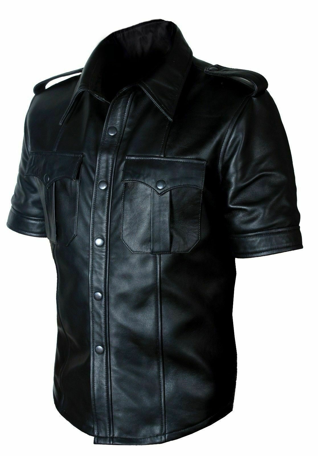 Men's Black Leather with Shoulder Loop Short Sleeve Shirt MS18