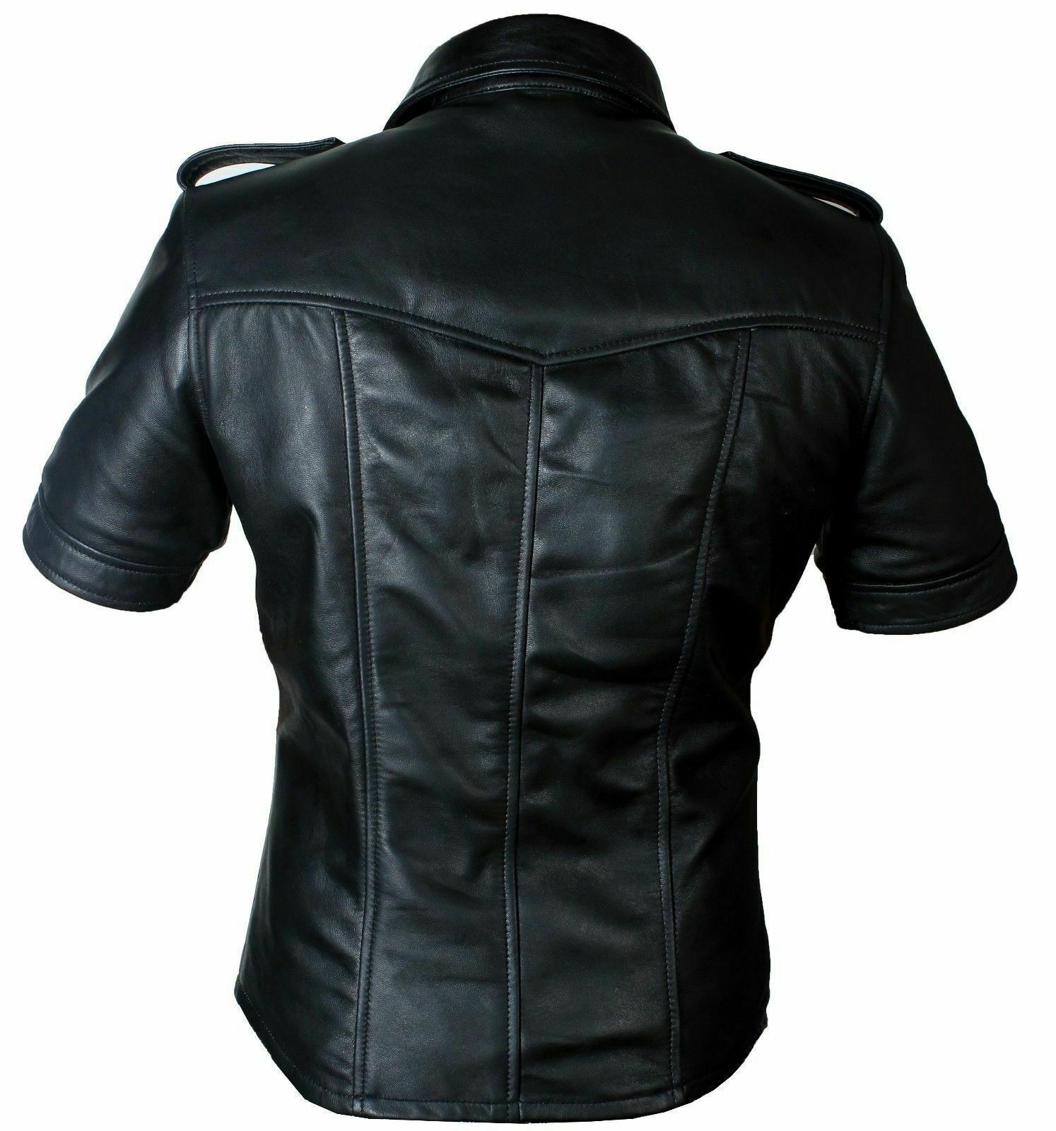 Men's Black Leather with Shoulder Loop Short Sleeve Shirt MS18