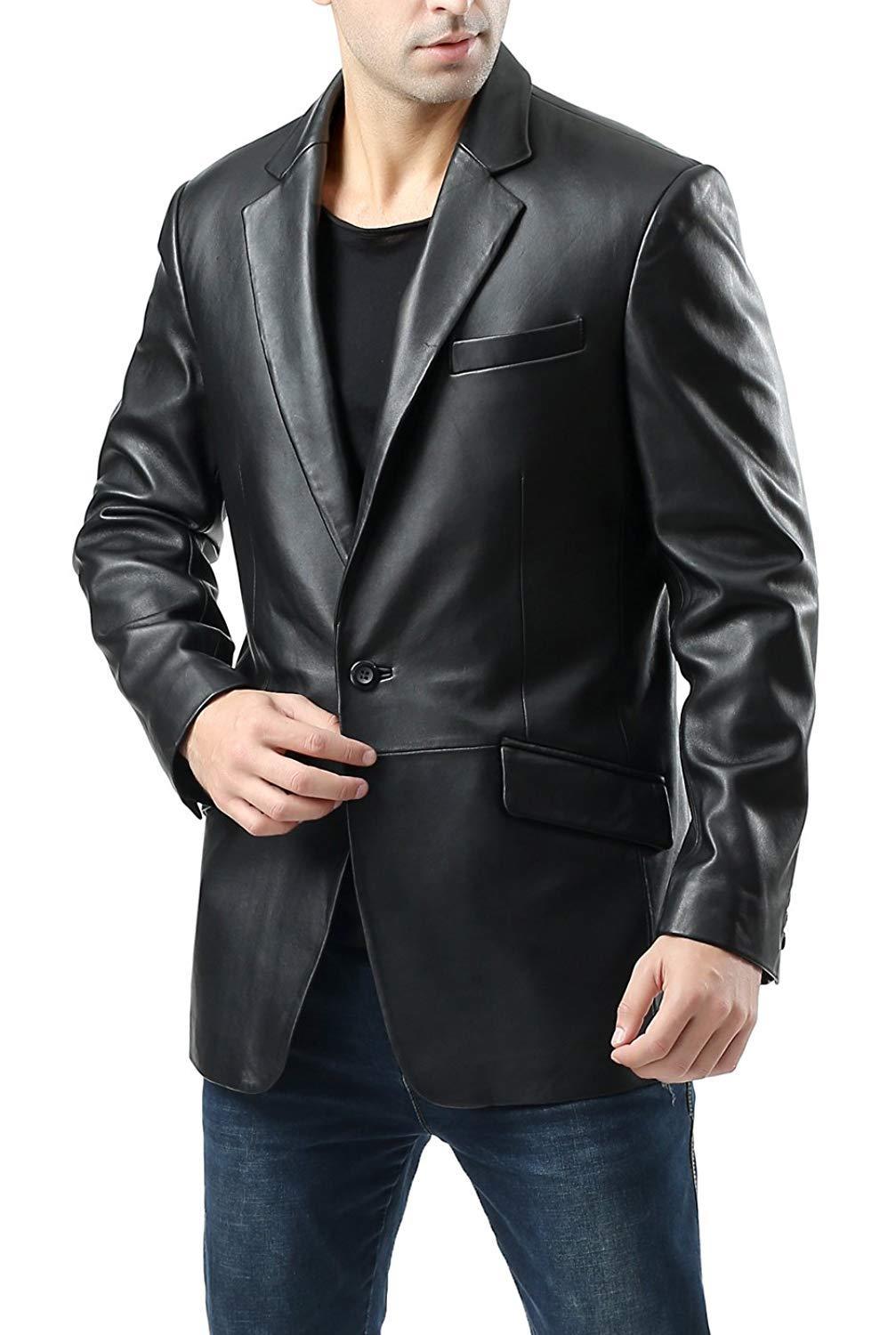 Men's Classic Black Single Button Leather Blazer TB026