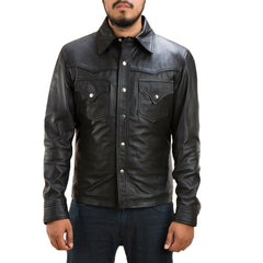 Men's Black Leather Slim Fit Shirt with Edgy Flair MS10