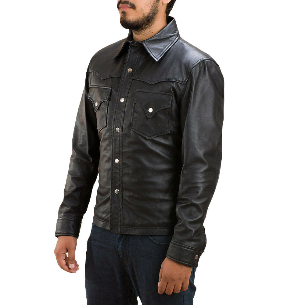 Men's Black Leather Slim Fit Shirt with Edgy Flair MS10