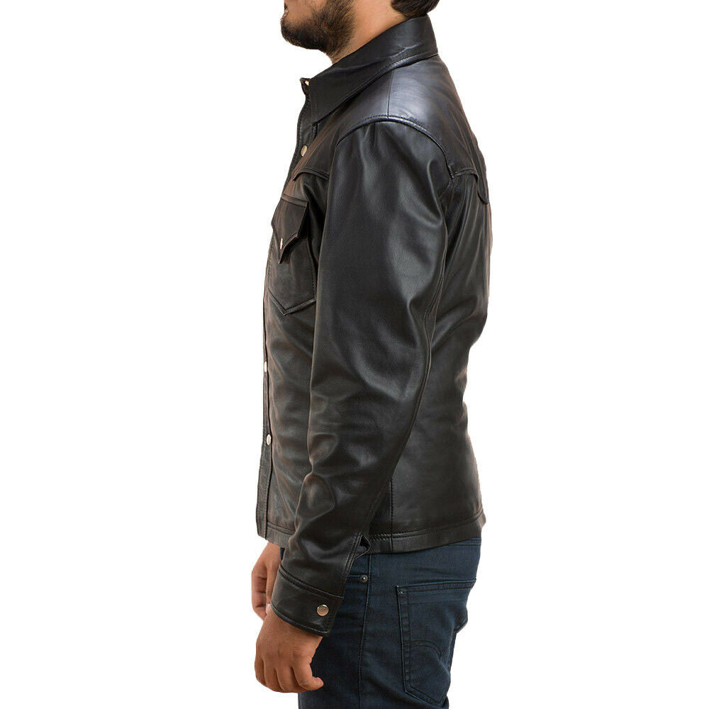 Men's Black Leather Slim Fit Shirt with Edgy Flair MS10