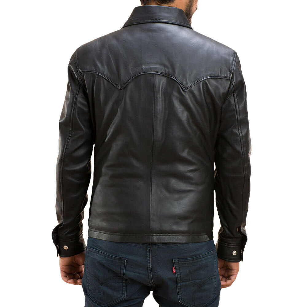 Men's Black Leather Slim Fit Shirt with Edgy Flair MS10