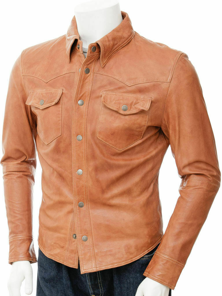 Men's Beige Leather Slim Fit Shirt with Sophisticated Edge MS14