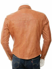 Men's Beige Leather Slim Fit Shirt with Sophisticated Edge MS14