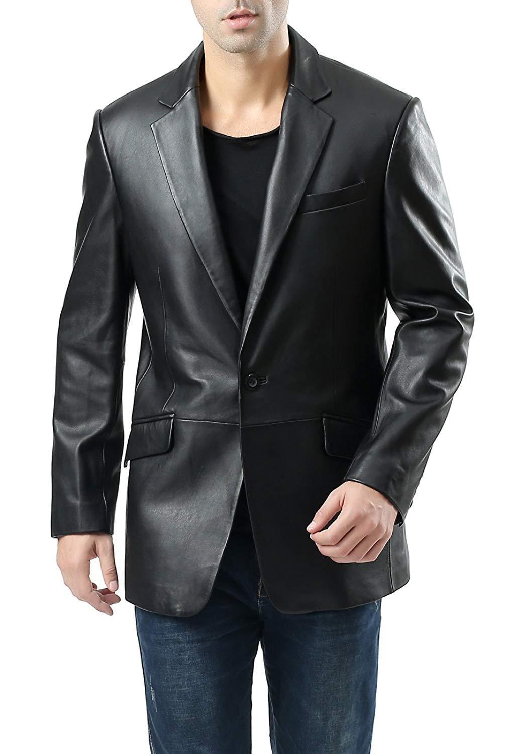 Men's Classic Black Single Button Leather Blazer TB026