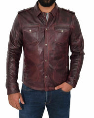 Men's Vintage Distressed Brown Leather Shirt MS12