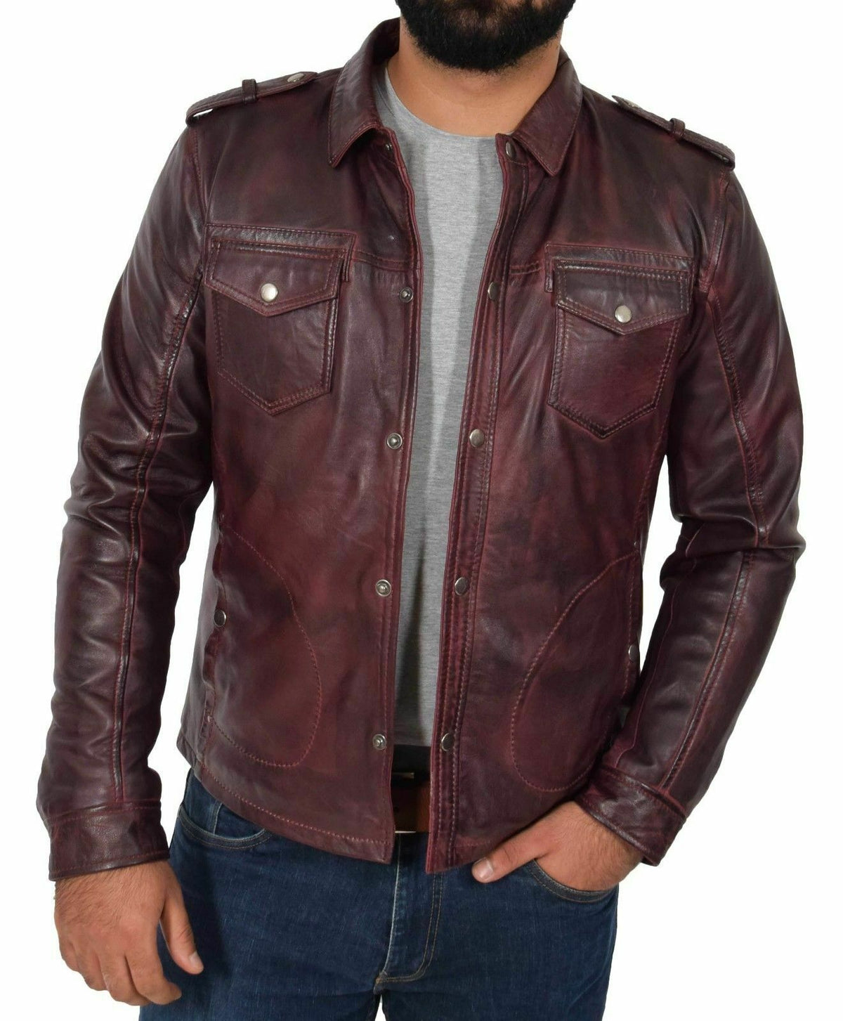 Men's Vintage Distressed Brown Leather Shirt MS12