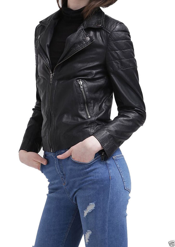 Women’s Quilted Genuine Leather Motorcycle Jacket WJ032