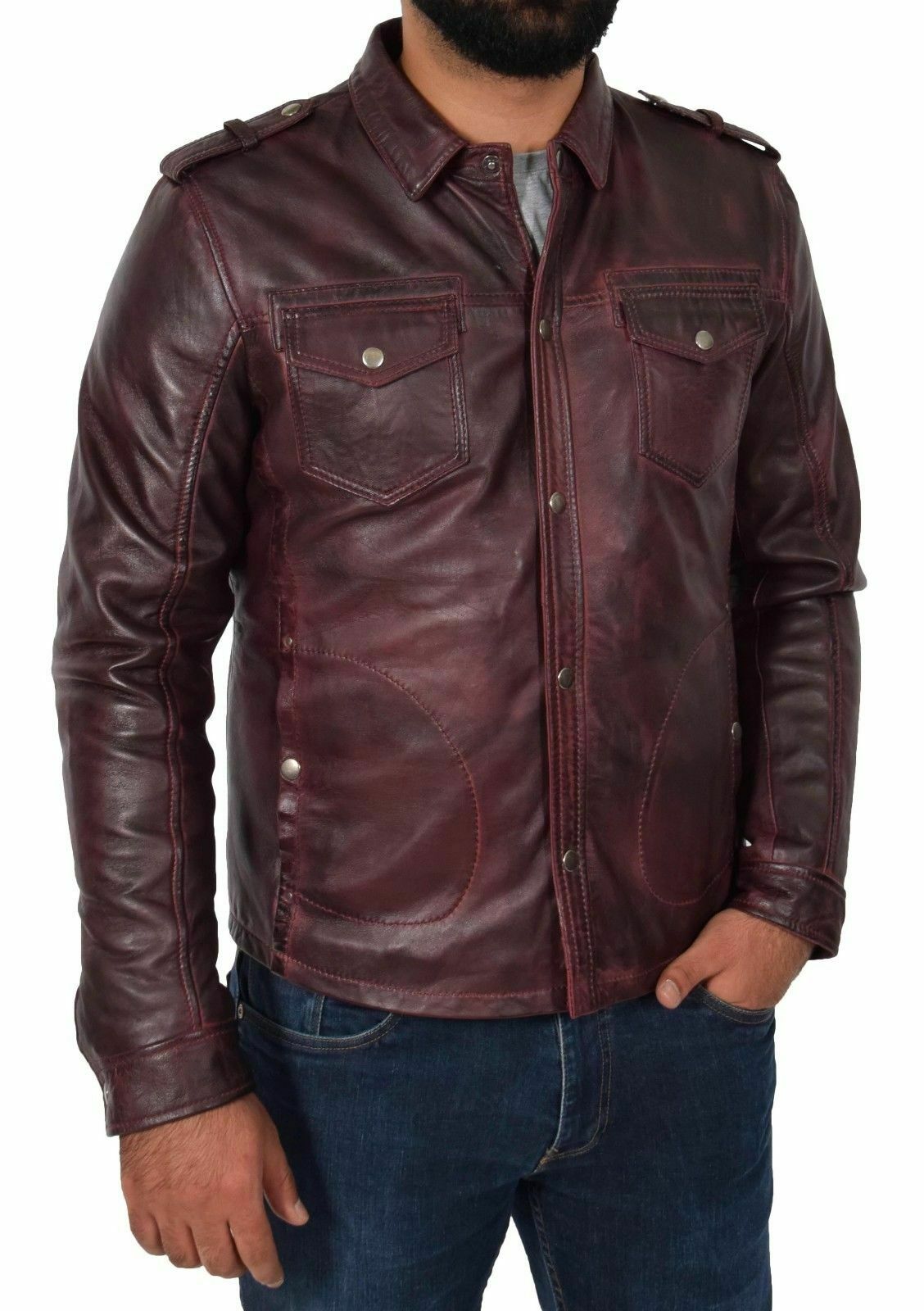 Men's Vintage Distressed Brown Leather Shirt MS12