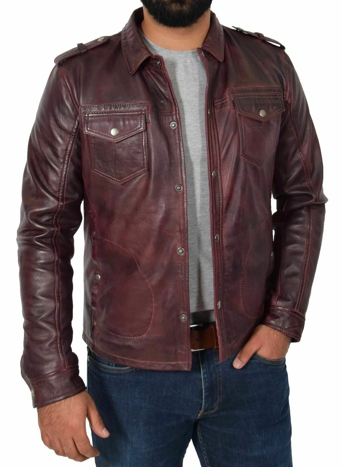 Men's Vintage Distressed Brown Leather Shirt MS12