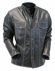 Men's Black Leather with White String Stripes Shirt MS20