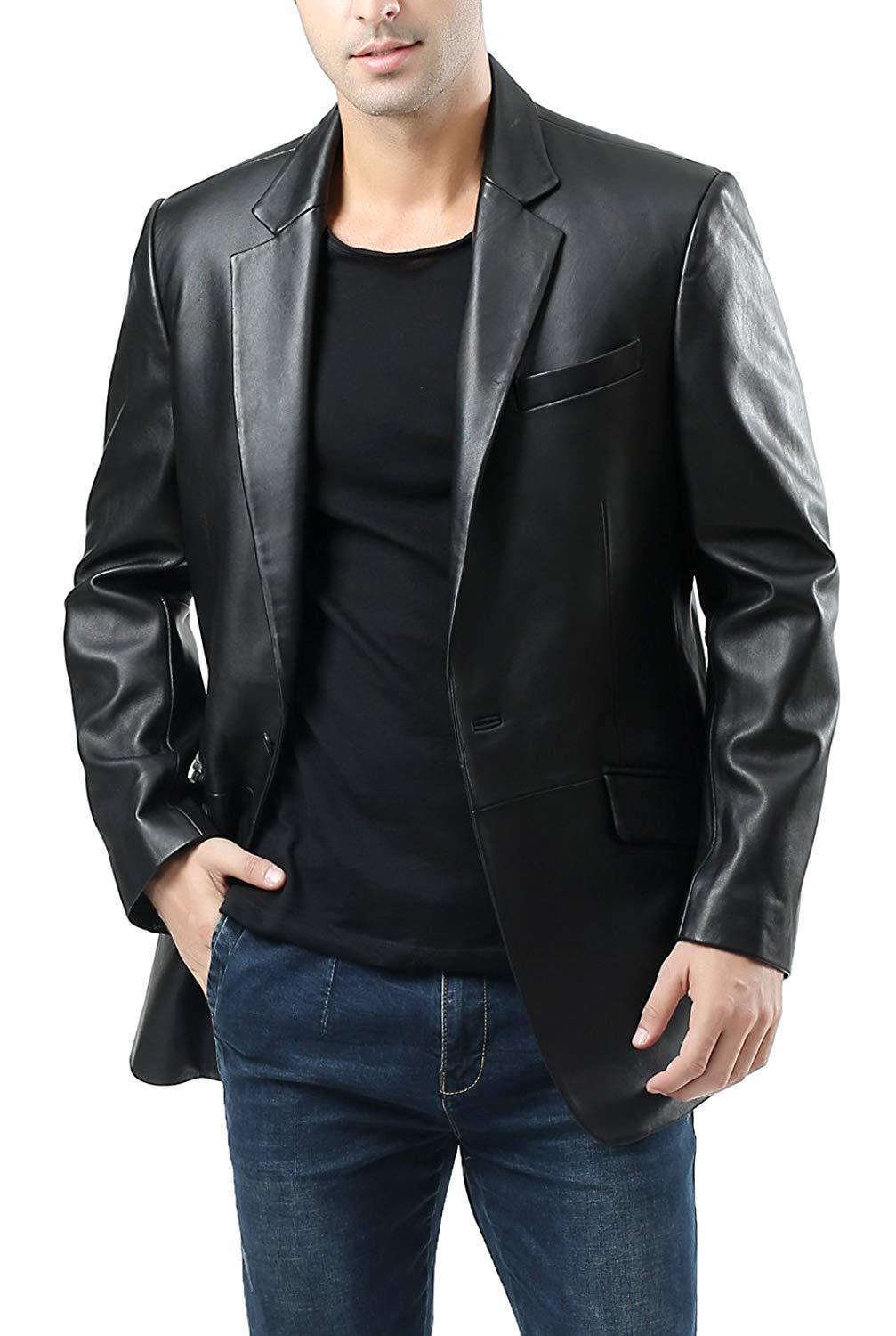 Men's Classic Black Single Button Leather Blazer TB026