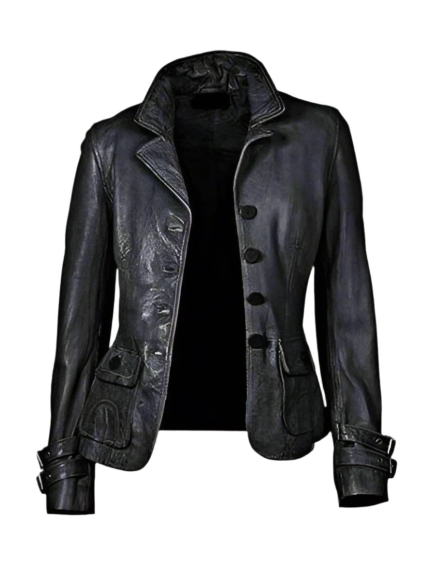 Women's Four Button Closure Peacoat Leather Jacket WJ065