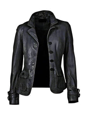 Women's Four Button Closure Peacoat Leather Jacket WJ065