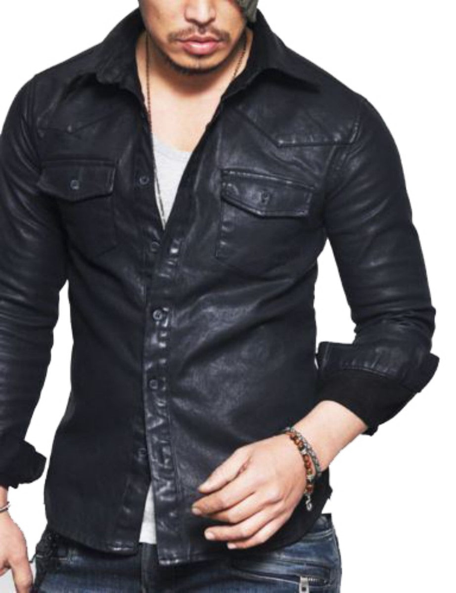 Men's Black Leather Slim Fit Stylish Modern Shirt MS05